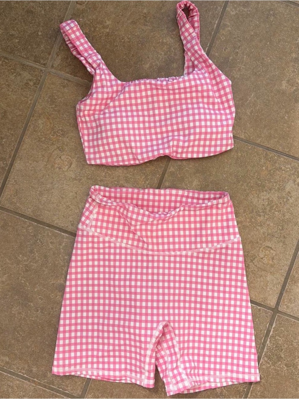 Active Basic Pink Gingham Women's Bike Shorts Pilates Set Small